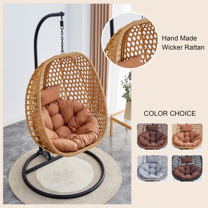 Hanging Egg Chair with Stand,Sudica Patio Soft Cushion Rattan Wicker Egg Swing Chair with Pillow for Bedroom,Balcony Backyard,Garden 350lbs Capacity,Light Browm