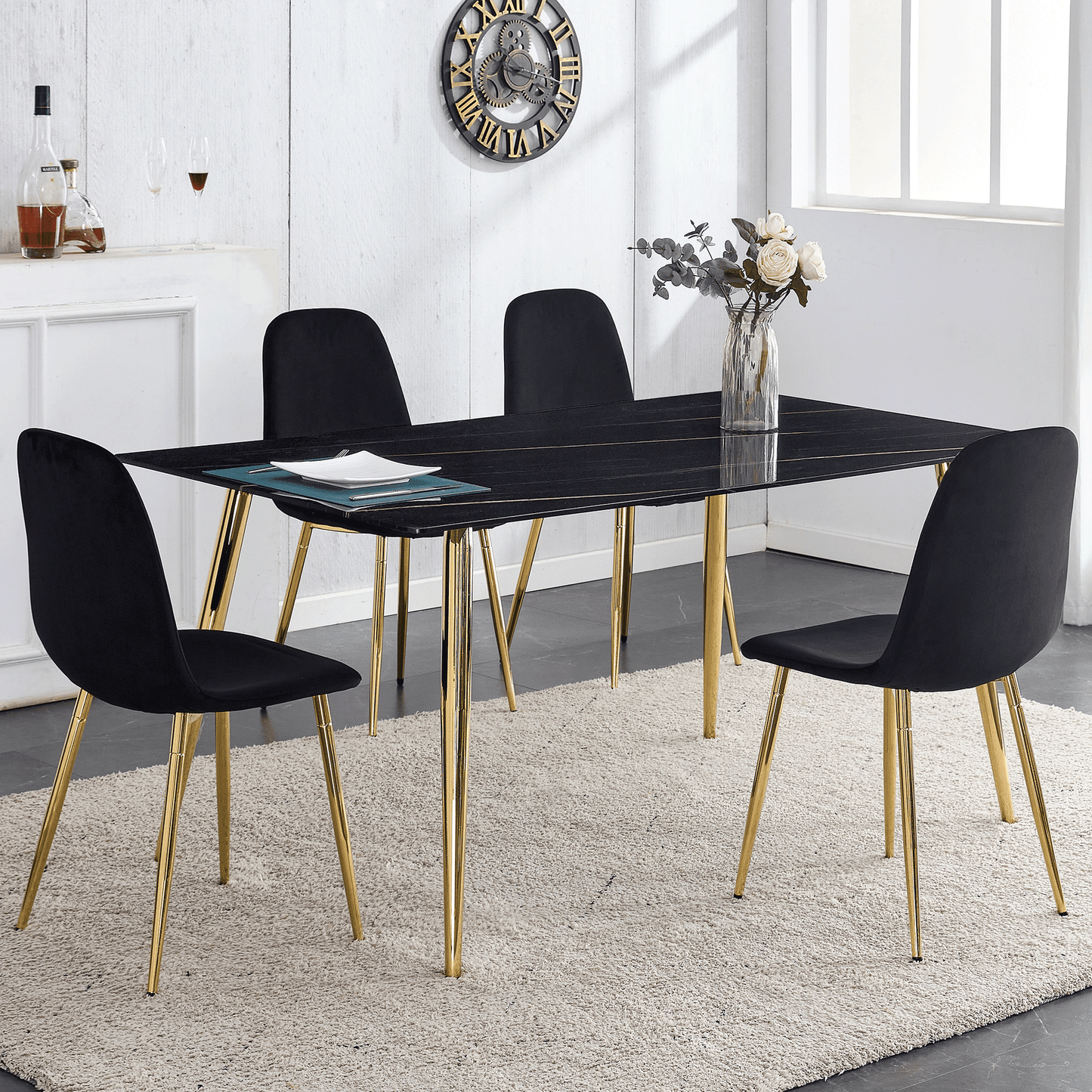 Marble Dining Table Set for 4,Sudica 63" Rectangular Black Faux Marble Kitchen Table with 4 Velvet Dining Chairs