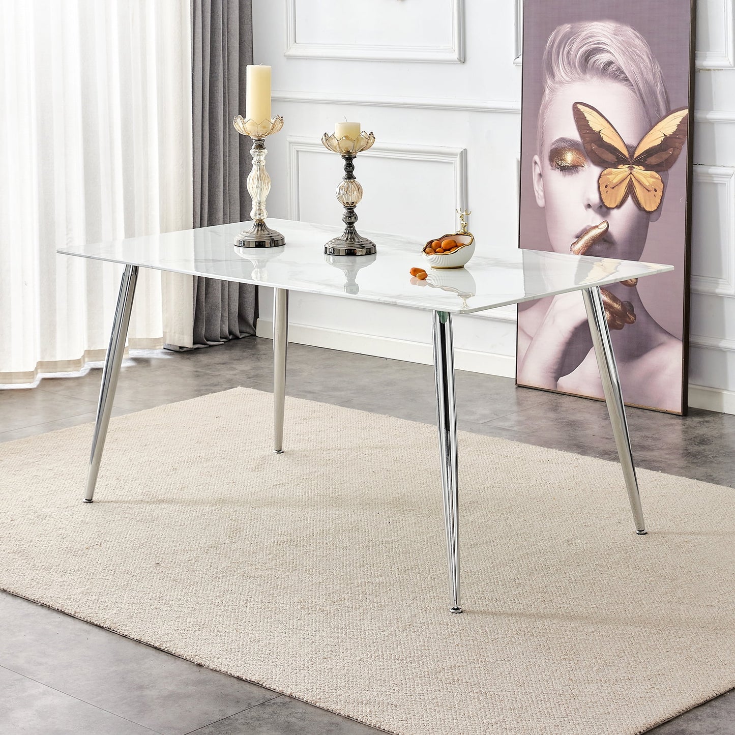 Dining Table with Marble Grain for 6, Sudica 63" Large Rectangular Kitchen Table with 4 Silver Plating Metal Legs