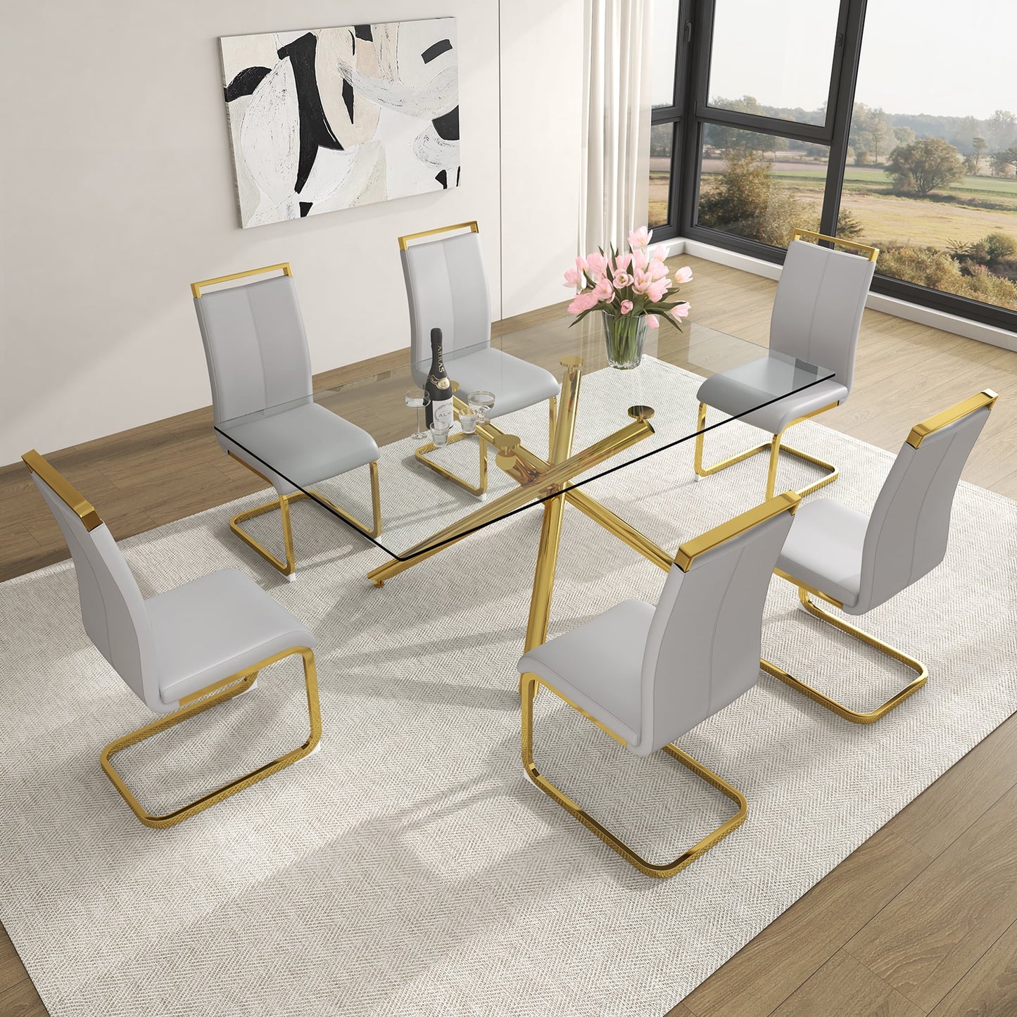 Sudica Glass Dining Table Set for 6, 71" Large Rectangular Kitchen Glass Dinner Table with Upholstered Golden Legs Dining Room Chairs, Light Gray