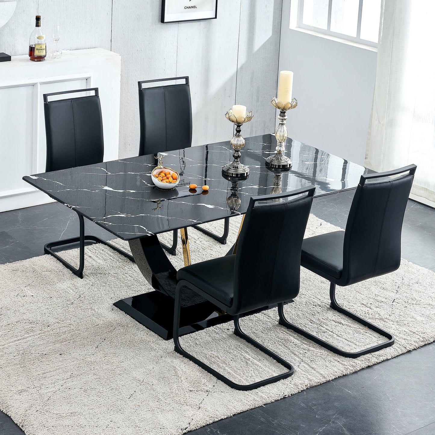 Sudica 71" Marble Dining Table Set for 4, Modern Rectangular Black Dining Table with PU Leather Upholstered Dining Room Chairs,Black