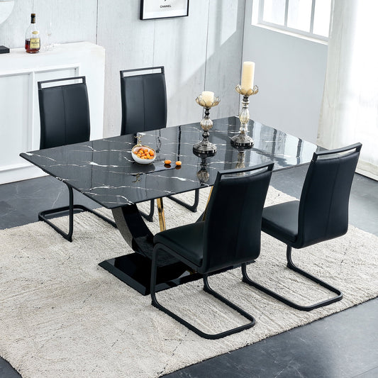 Sudica 71" Marble Dining Table Set for 4, Modern Rectangular Black Dining Table with PU Leather Upholstered Dining Room Chairs,Black