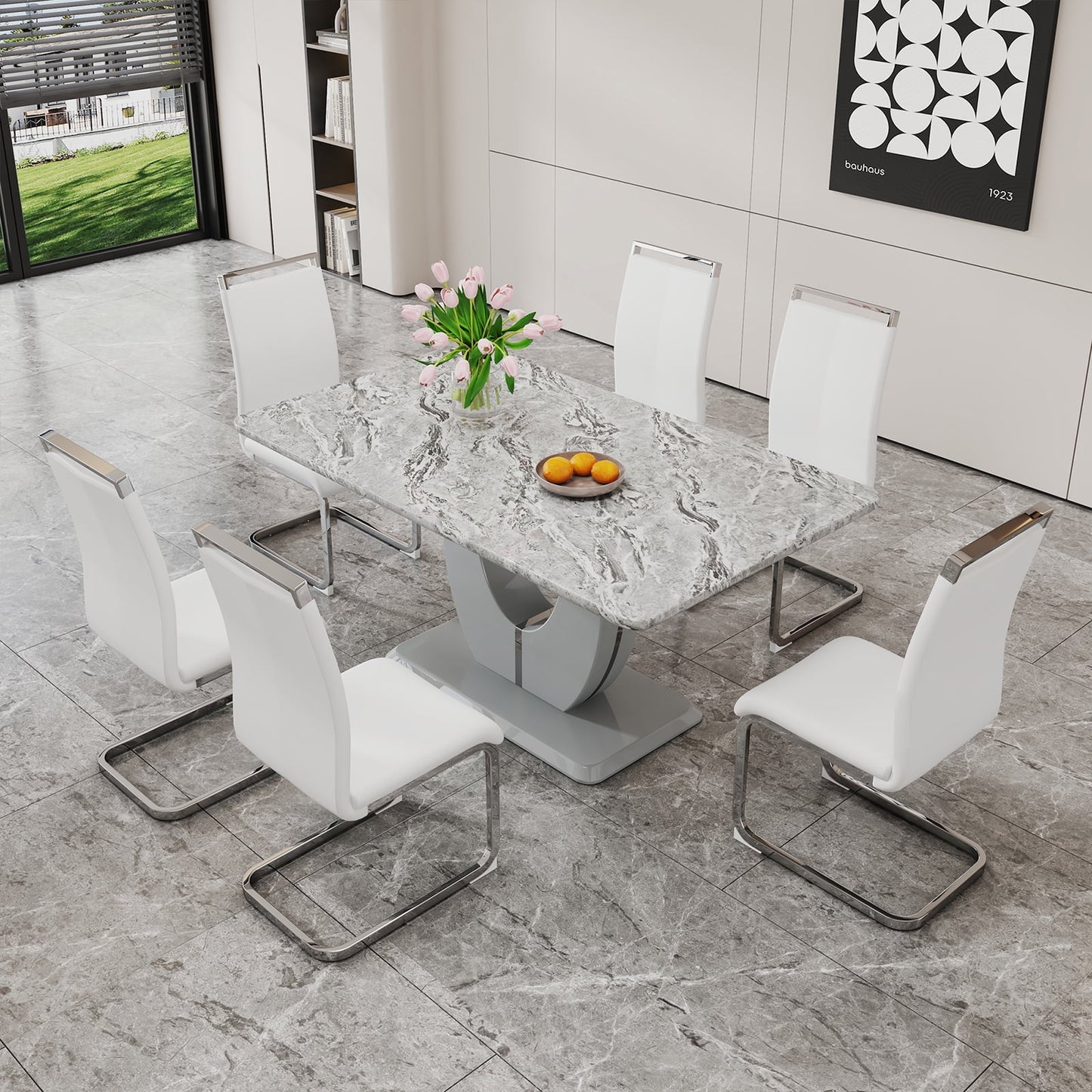 Modern Dining Table Set for 6,Sudica Rectangular Marble Kitchen Table Set with 6 PU Leather Upholstered Dining Room Chairs, White