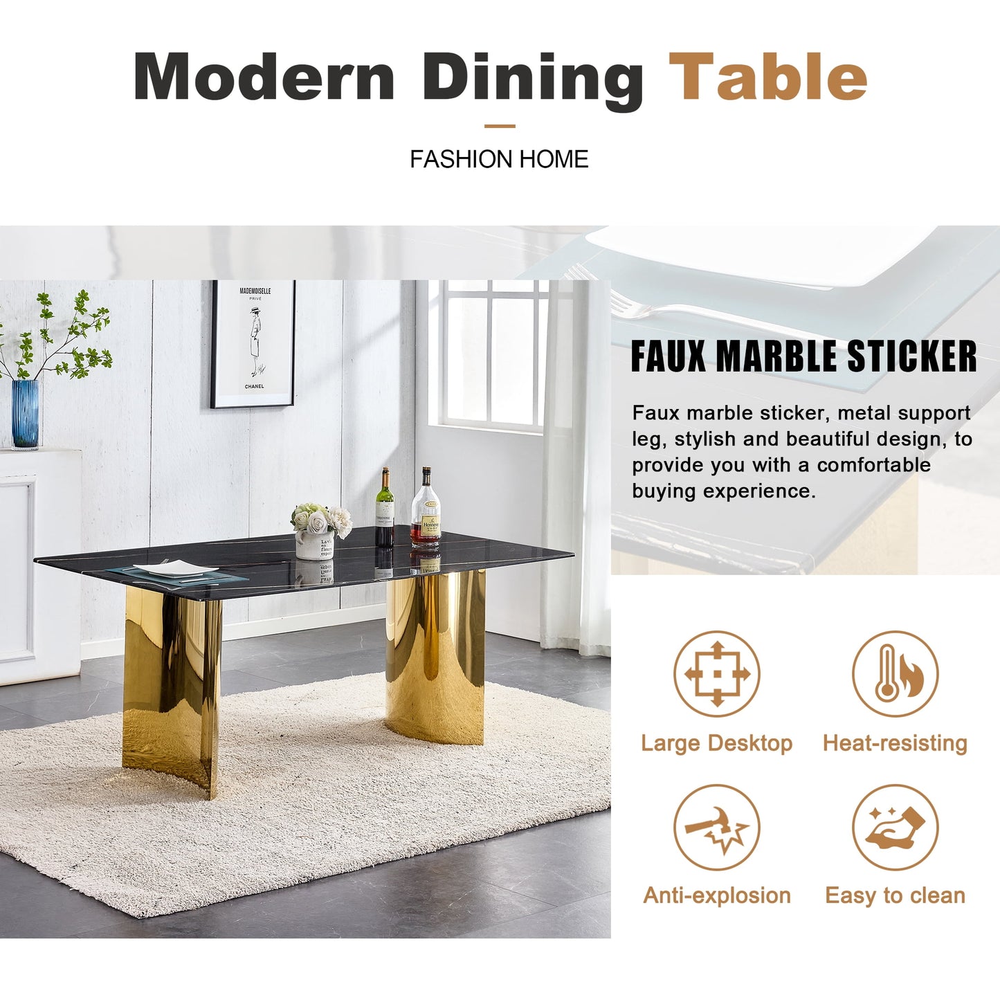 Sudica Marble Dining Table,71" MDF Kitchen Table with Chrome Plate Metal Base for 6-8 People,Black