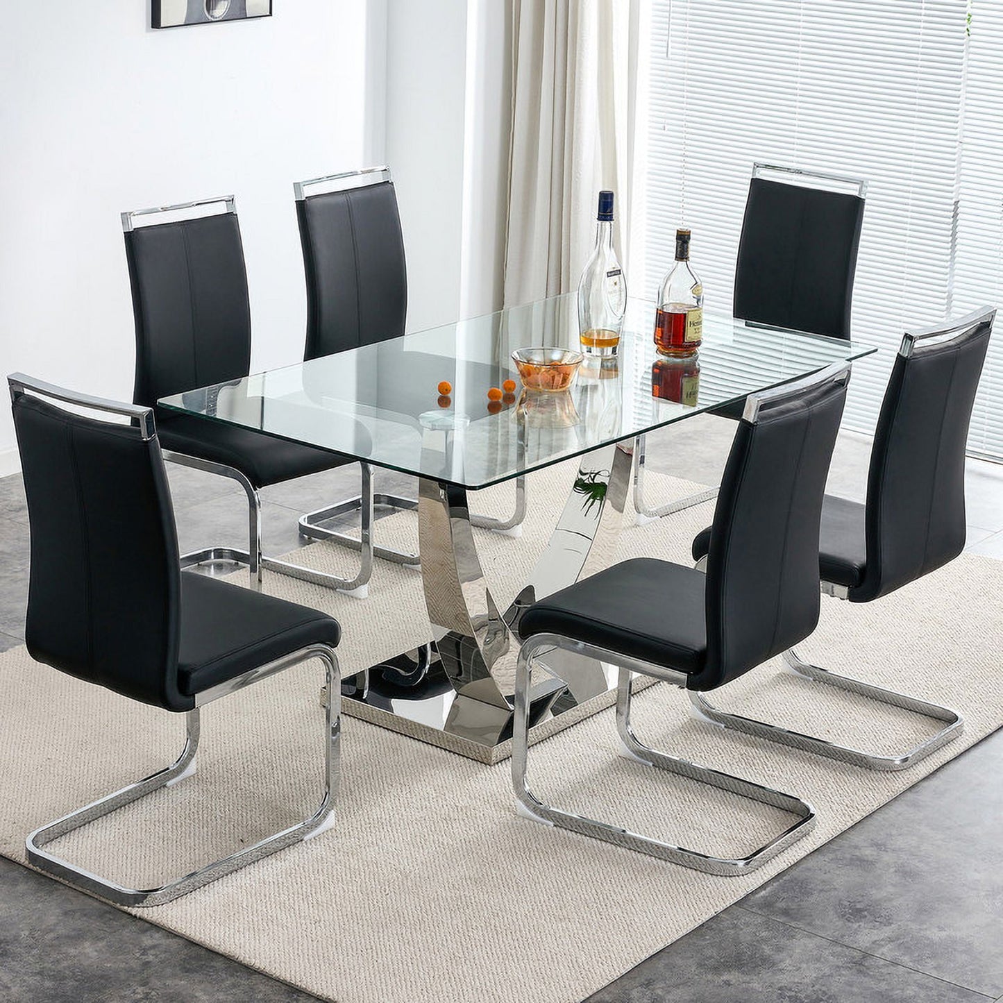 Sudica Modern Glass Dining Table, 63 inch Large Dining Room Table with Silver U shape Base for Kitchen