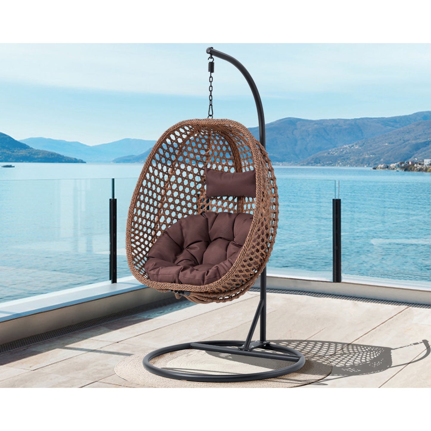 Hanging Egg Chair with Stand, Sudica Patio Soft Cushion Rattan Wicker Egg Swing Chair for Bedroom, Garden 350lbs Capacity, Dark Brown