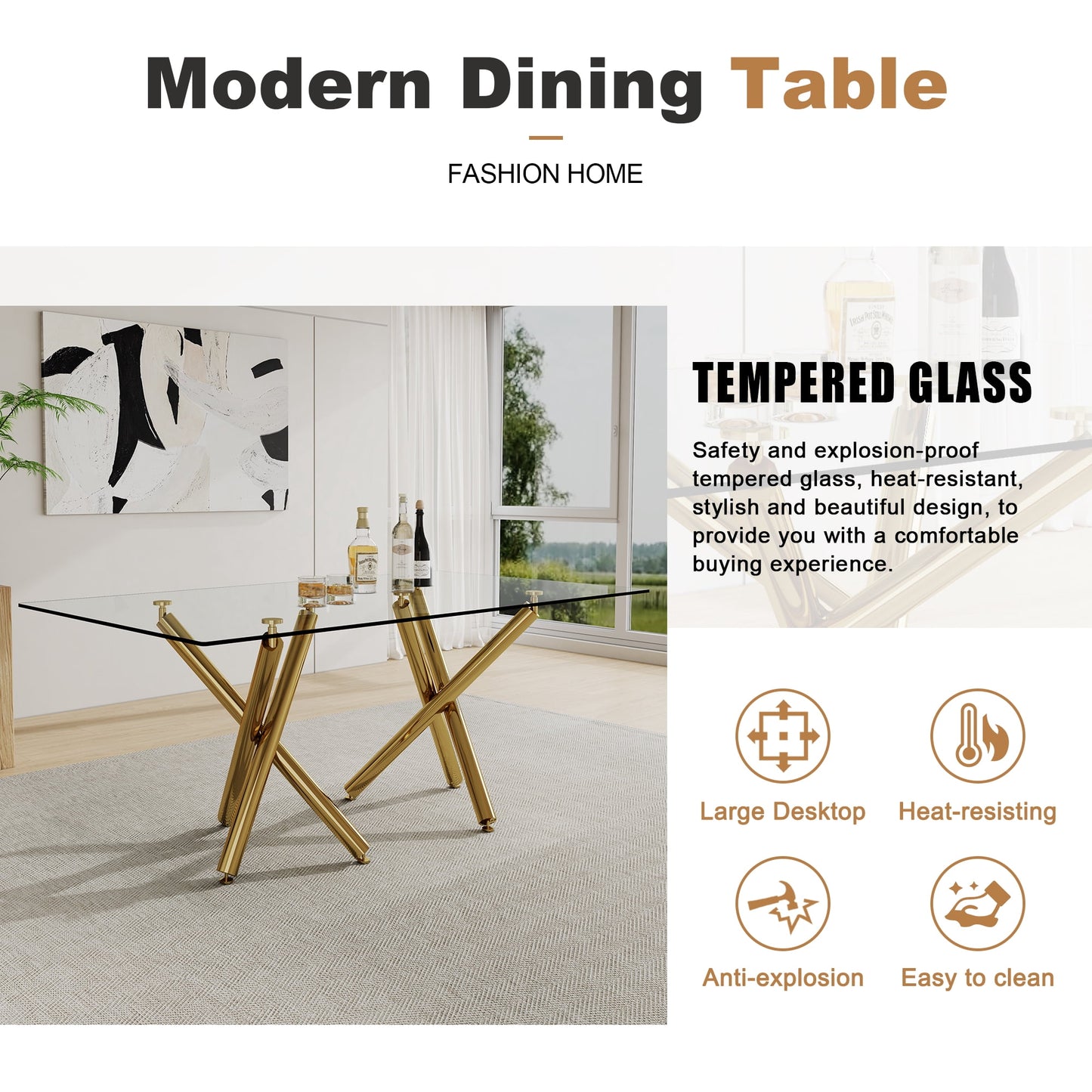 Sudica Glass Dining Table for 6-8 People 70.9" Modern Rectangular Kitchen Table with 0.39" Tempered Glass Tabletop,Chrome Metal Legs,Golden