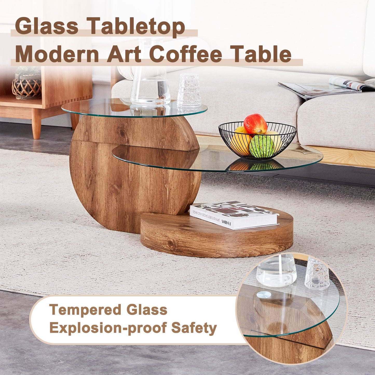 Sudica Modern Coffee Table with Double-layer Round Glass Tabletop，27 inch Tea Table with Dark Wood Grain Base,Center Table for Living Room