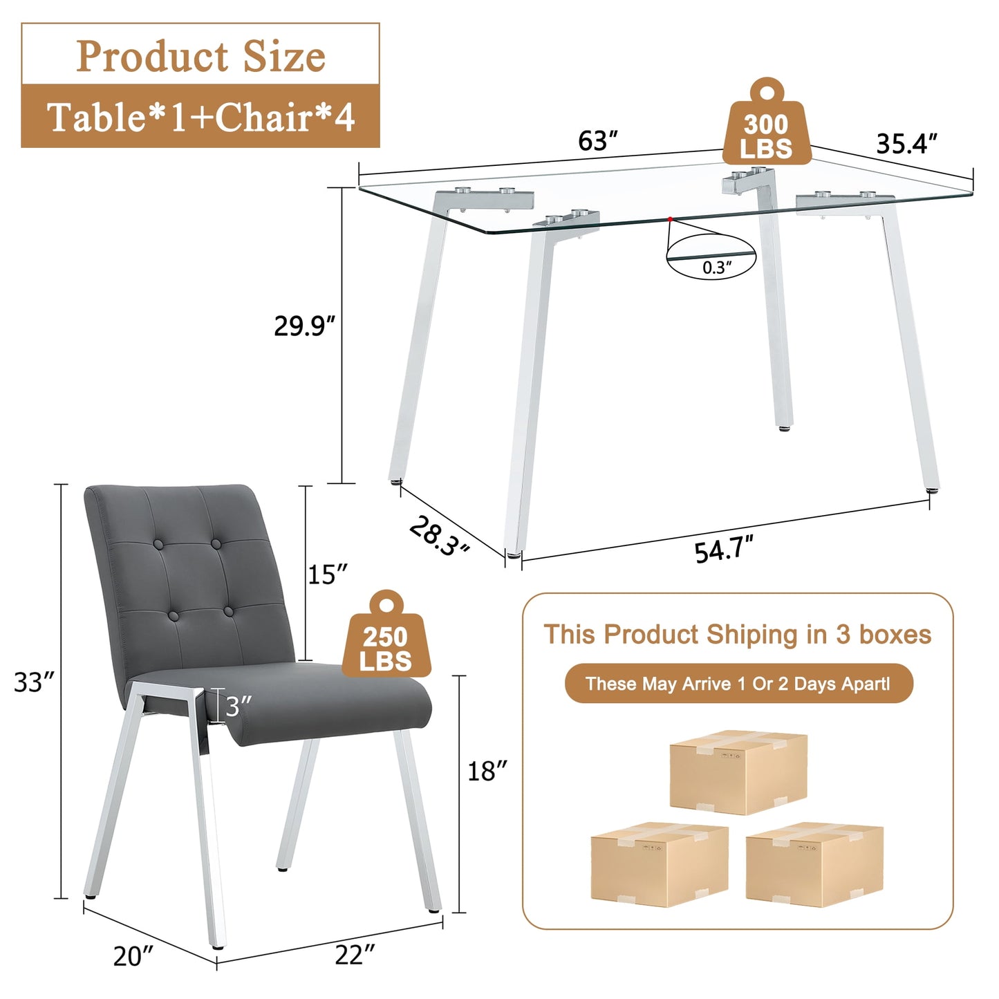 Sudica Dining Set for 4, Glass Rectangular Kitchen Table Set with Upholstered Faux Leather Dining Room Chairs,Gray