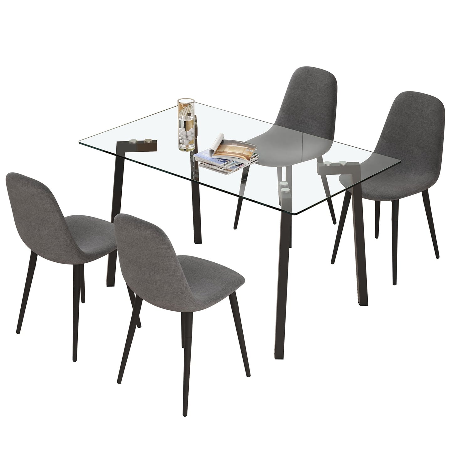 5 Pieces Dining Room Table Set, Sudica Modern Table Set for 4 Gray Linen Dining Chair with Glass Dining Table for Living Room, Kitchen