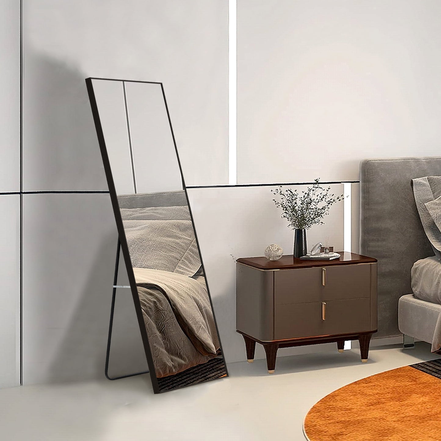 Sudica Black Full Length Mirror 58" x 15" Rectangular Wood Body Wall&Floor Mirrors with Stand