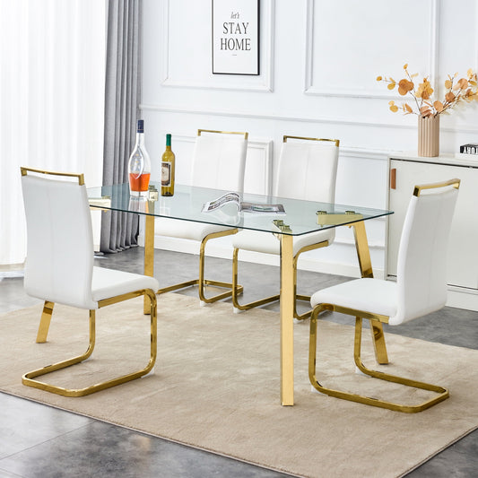 63" Large Glass Dining Table Set for 4, Sudica Gold Legs Kitchen Table with Faux Leather Dining Chairs,White