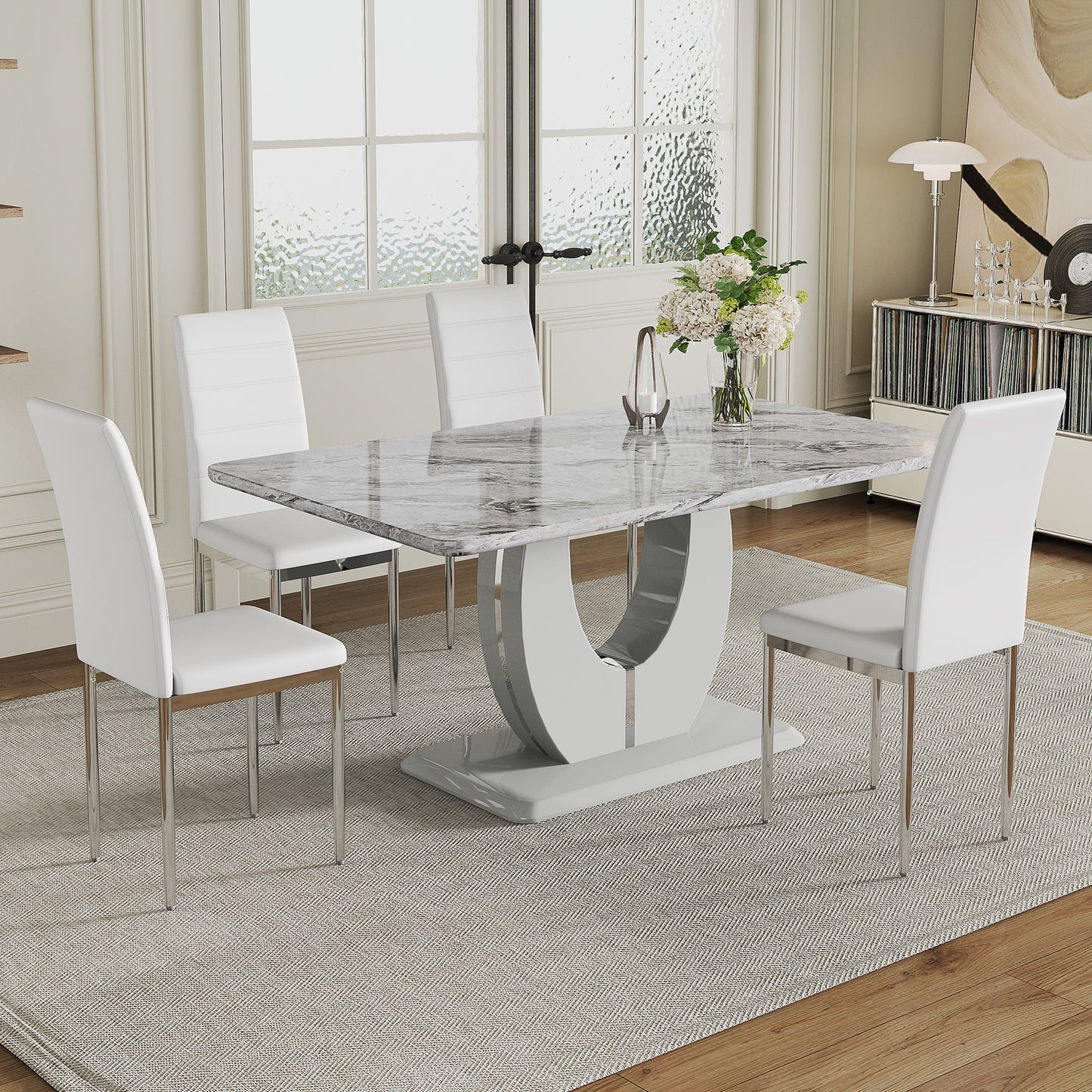 Marble Dining Table Set for 4, Sudica Kitchen Table and Chairs with Faux Marble Table Top and White PU Leather Dining Room Chairs