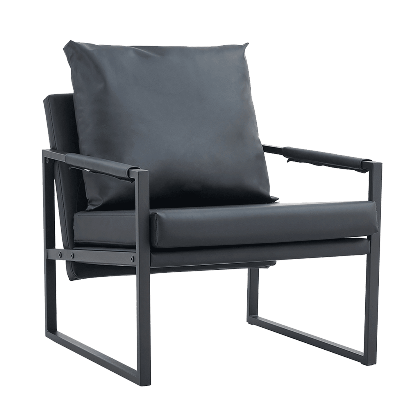 Mid-Century Accent Chair Metal Frame Faux Leather Reading Arm Chair for Living Room and Bedroom, Black