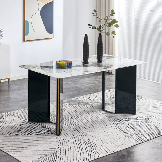 Sudica Modern Dining Table, 63" Large Faux Marble Dining Room Table with Black Base Rectangular Table for Kitchen