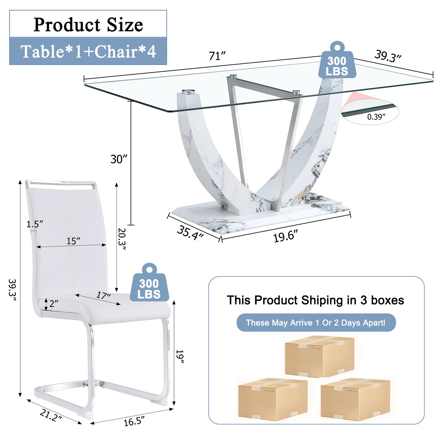 Sudica Glass Dining Set for 4, 71 inch Rectangular Glass Table with Upholstered Dining Room Chairs, White