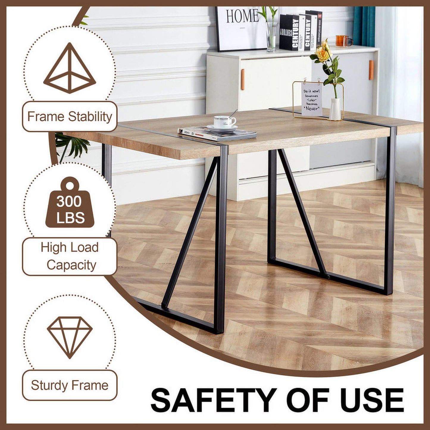 Rectangular Dining Table For 4-6 Person,Sudica 51 inch Wood Color Tabletop and Black Metal Legs,for Dining Room,Kitchen