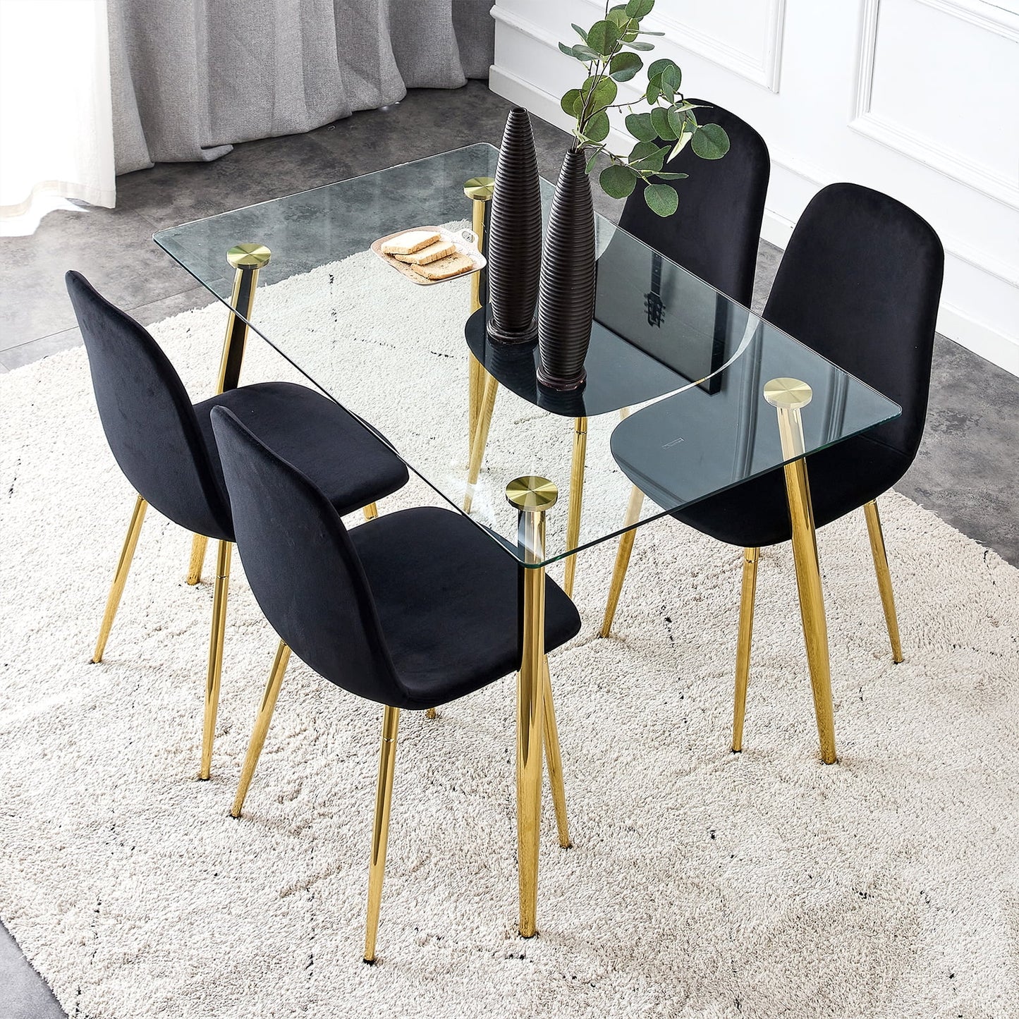 Sudica 51" Modern Dining Table Set for 4 Glass Kitchen Table and Black Velvet Dining Room Chairs