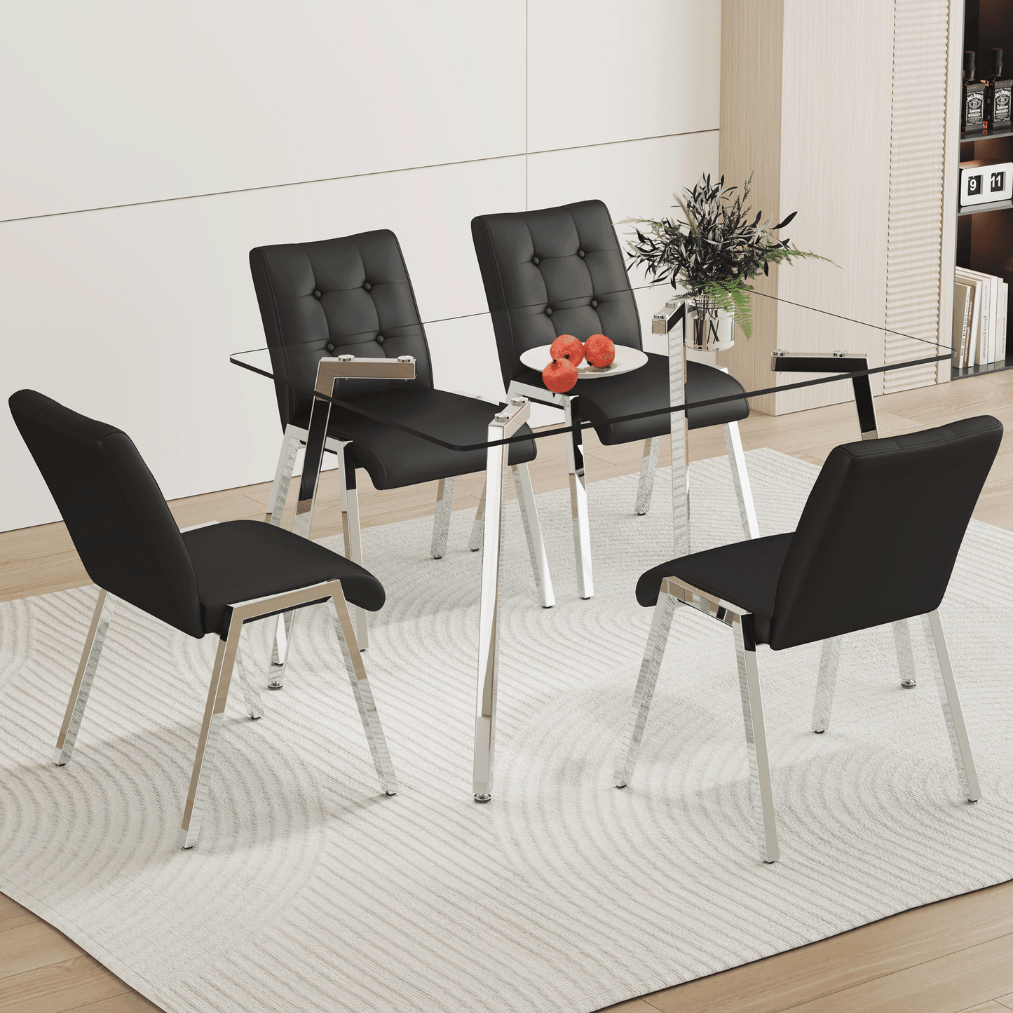 Glass Dining Table Set, Sudica Rectangular Kitchen Table with Upholstered Faux Leather Dining Room Chairs, Black