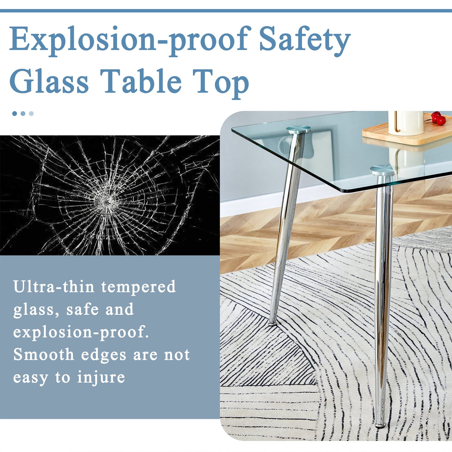 Tempered Glass Dining Table for 4, Sudica 51" Modern Rectangular Glass Kitchen Table with 4 Silver Plating Metal Legs