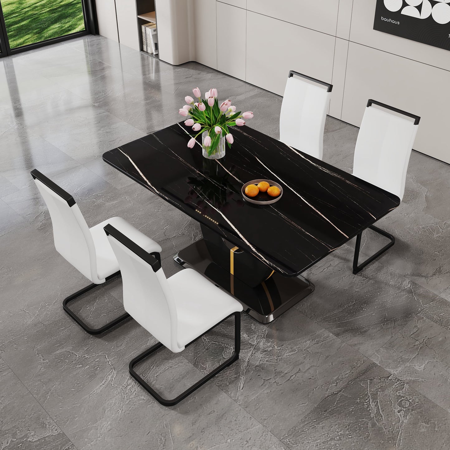 63" Dining Table Set for 4, Modern Black Faux Marble Rctangular Table with 4 Upholstered PU Leather Kitchen Chairs, White