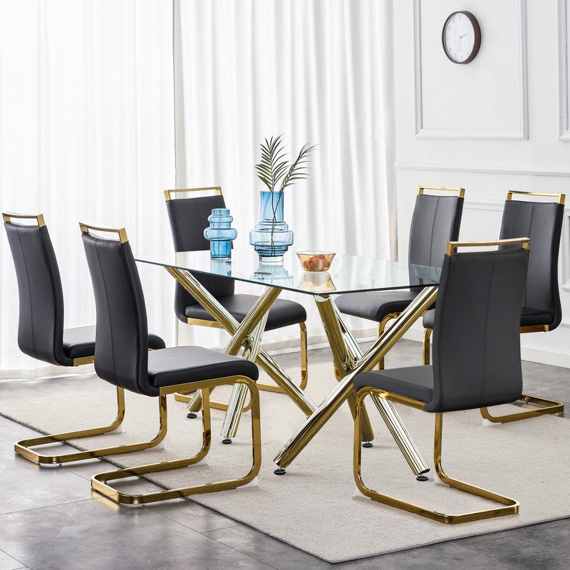 Modern Dining Chairs Set of 6 Sudica Faux Leather Dining Room Chairs with Golden Legs High Back Chair,Black