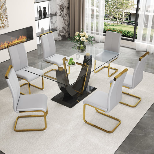 Sudica 63" Dining Table Set for 6, Modern Rectangular Glass Dining Table with PU Leather Upholstered Dining Room Chairs,Light Gray