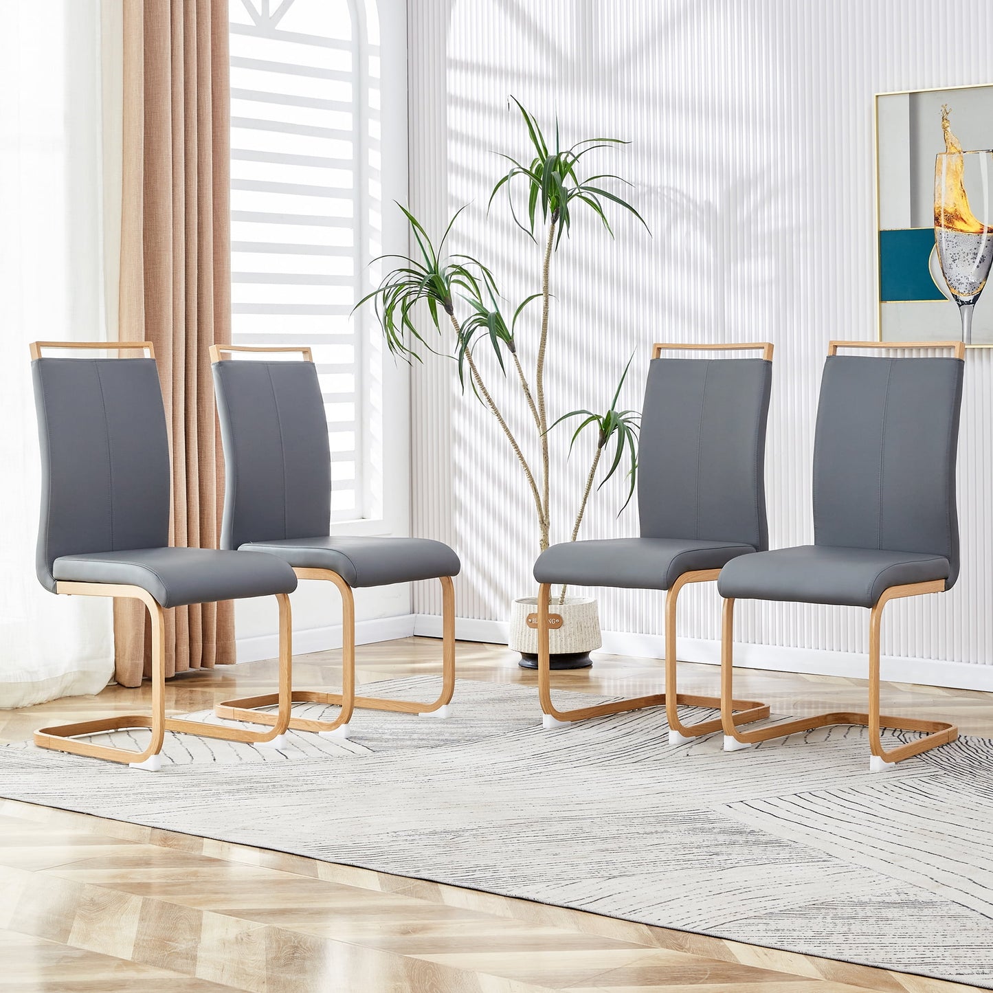 Modern Dining Chairs Set of 4, Sudica Faux Leather Dining Room Chairs with Wood Grain Metal Legs for Kitchen,Gray