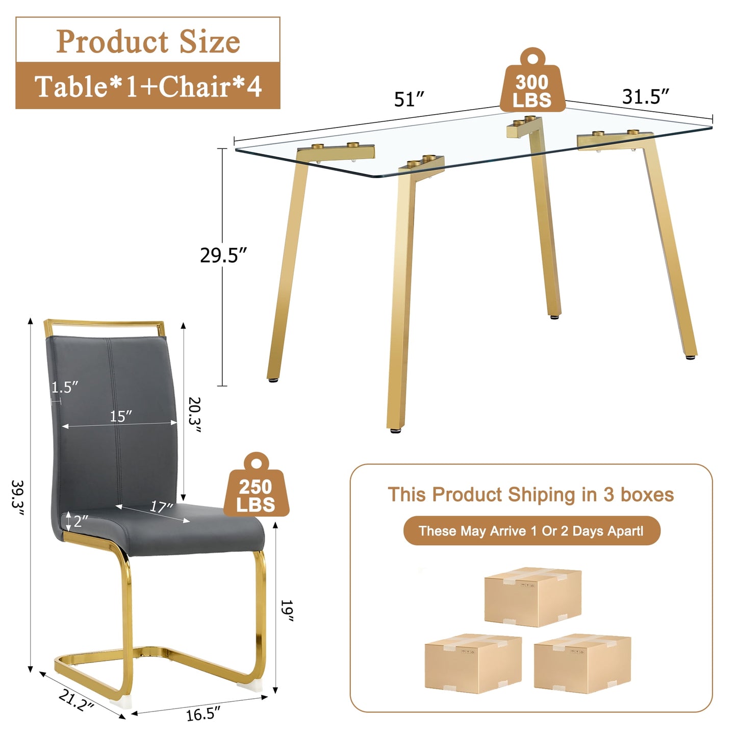 Sudica Compact Dining Table Set for 4, 51" Glass Dining Table with Gold Legs PU Leather Kitchen Chairs,Gray