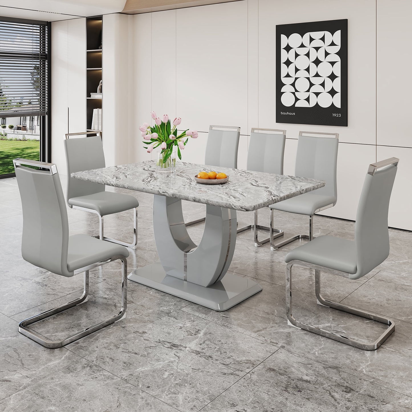 Modern Dining Table Set for 6,Sudica Rectangular Marble Kitchen Table Set with 6 PU Leather Upholstered Dining Room Chairs, Light Gray