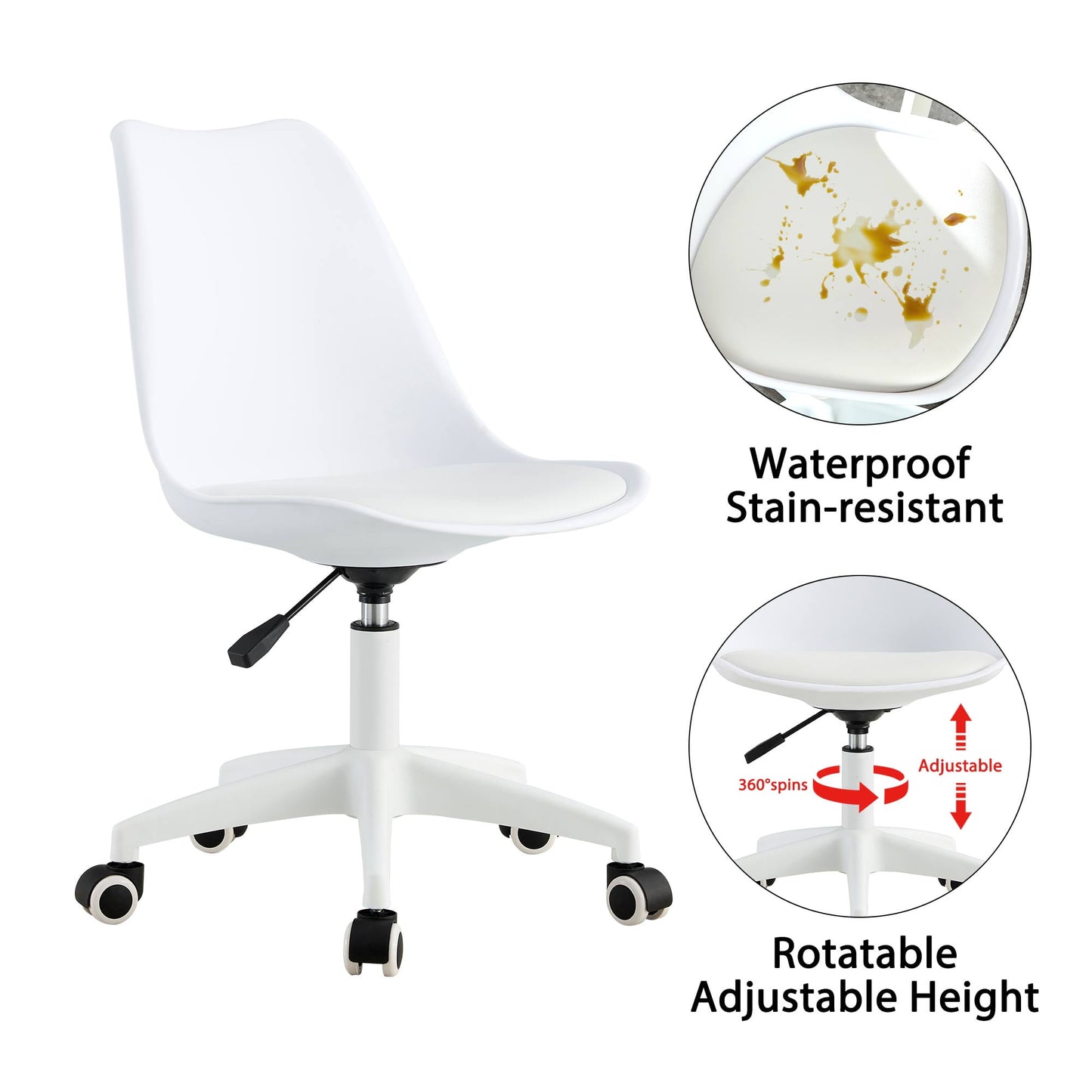 Sudica White PVC Office Chair with Padded Seat Clear Rolling Desk Chair for Bedroom