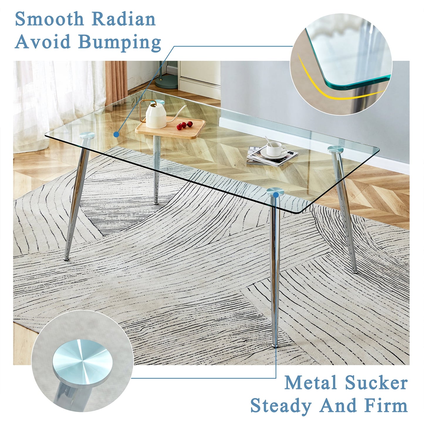 Tempered Glass Dining Table for 4, Sudica 51" Modern Rectangular Glass Kitchen Table with 4 Silver Plating Metal Legs