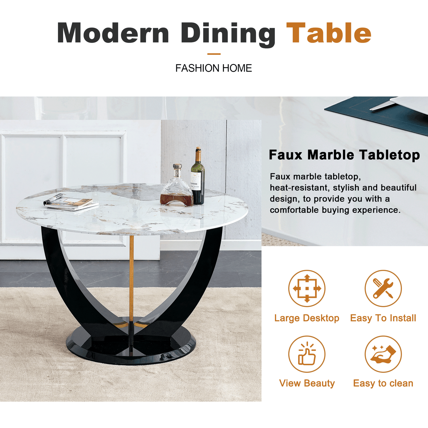 Sudica Round Dining Set for 4, 48" Round Marble Dining Table with PU Leather Dining Chairs, Gold Legs, Black