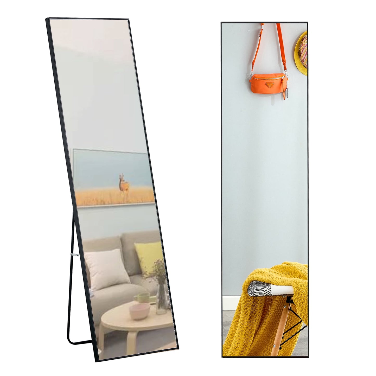 Sudica Black Full Length Mirror 58" x 15" Rectangular Wood Body Wall&Floor Mirrors with Stand