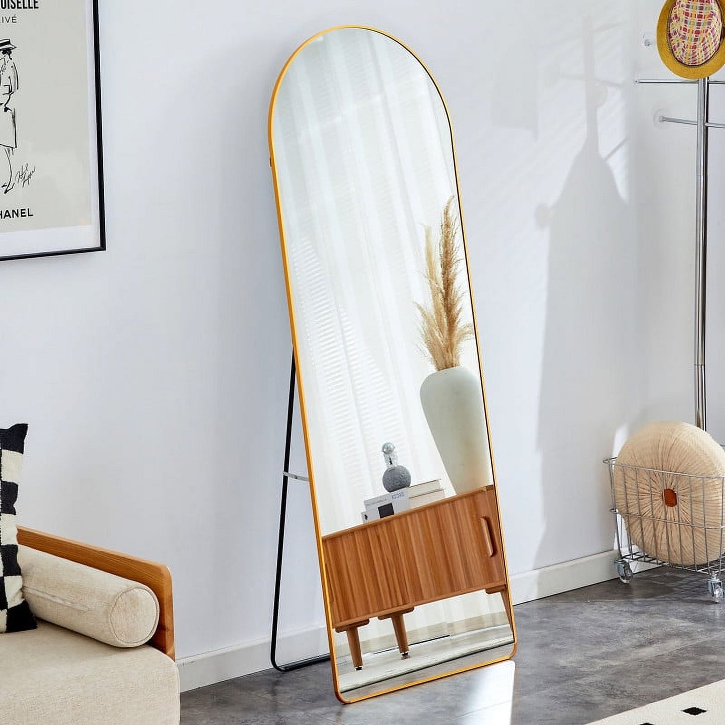 65"x23 inch Arched Full Length Mirror with Stand, Wall Hanging or Leaning Body Mirror for Bedroom, Gold