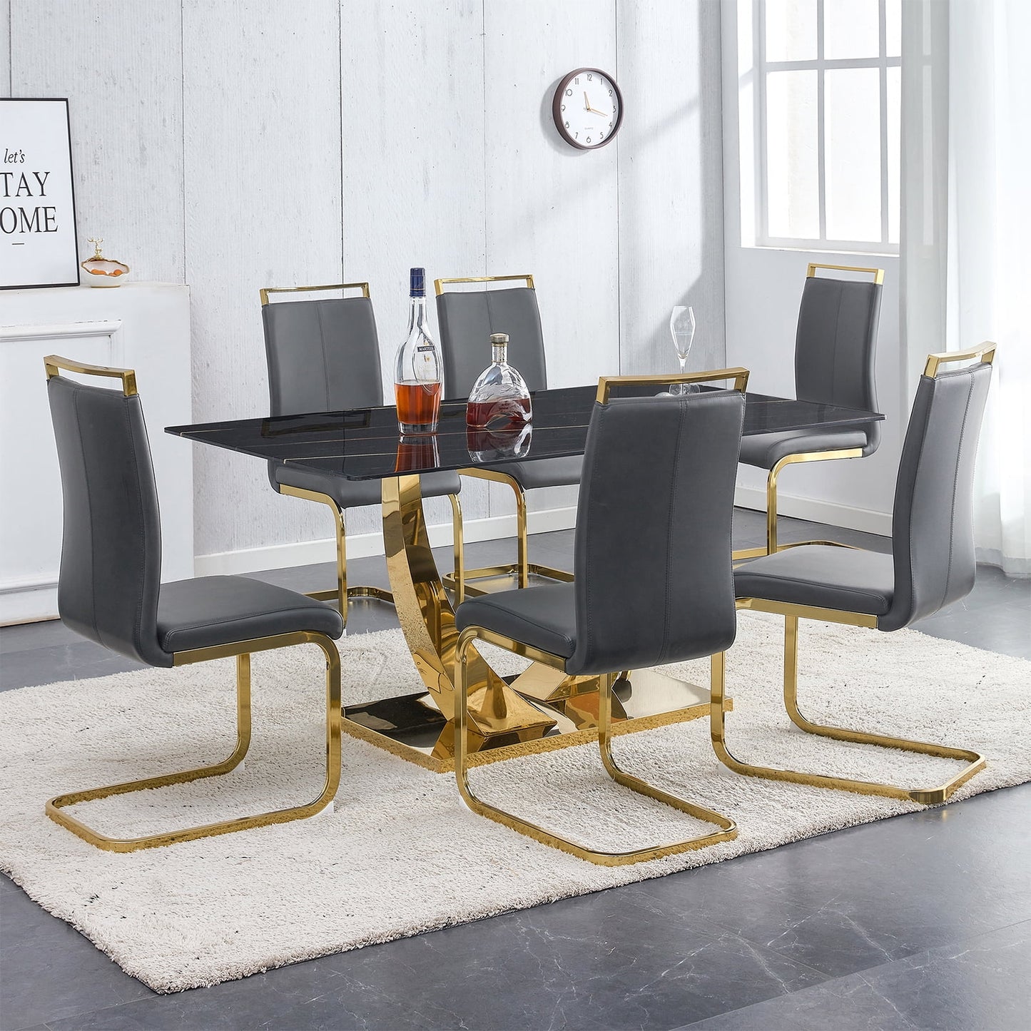 7-Piece Dining Table Set, Sudica Rectangular Faux Marble Kitchen Table with 6 Leather Gold Legs Dining Chairs, Gray