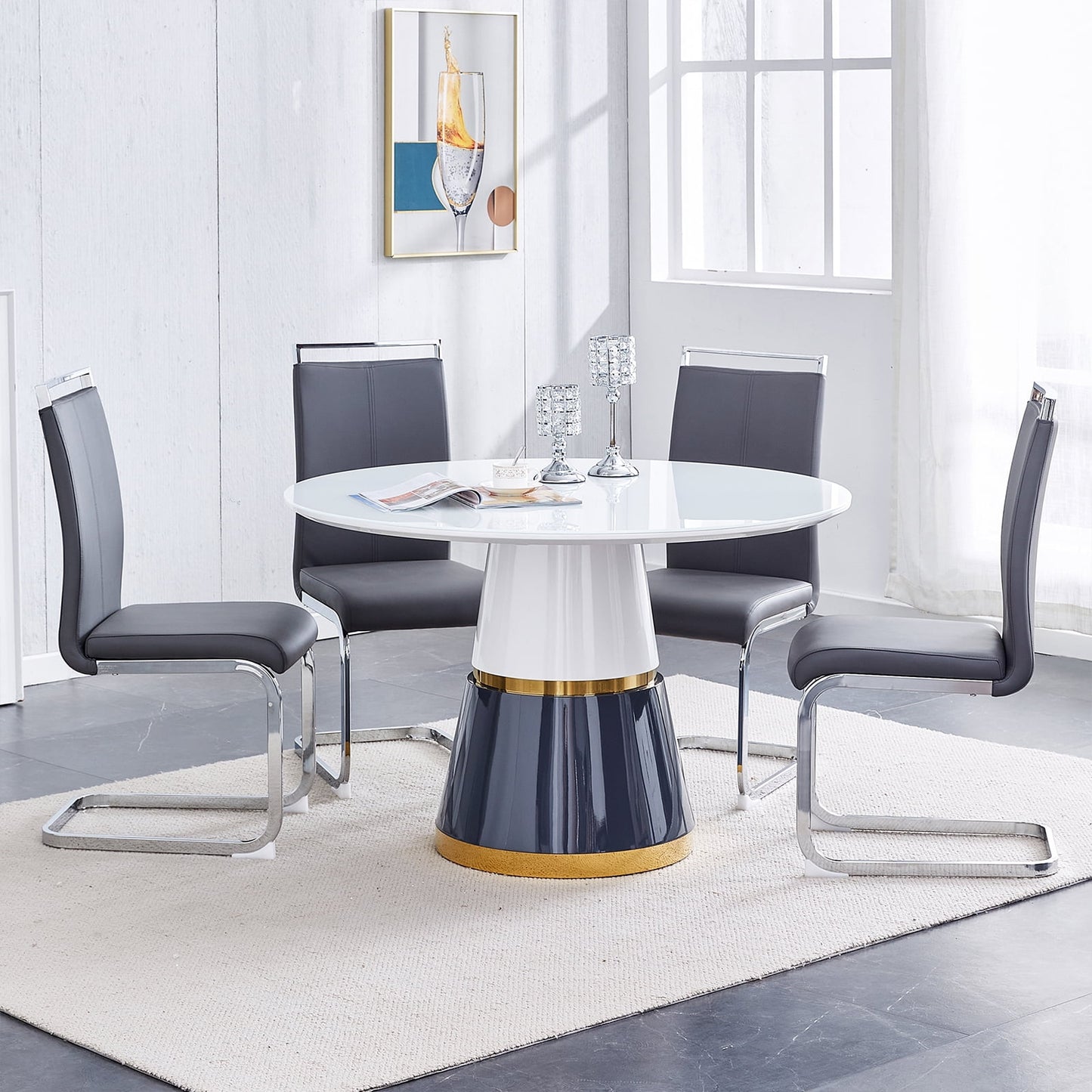 Sudica Dining Room Set 5 Piece Round Dining Set with 4 Leather Dining Room Chairs,Gray