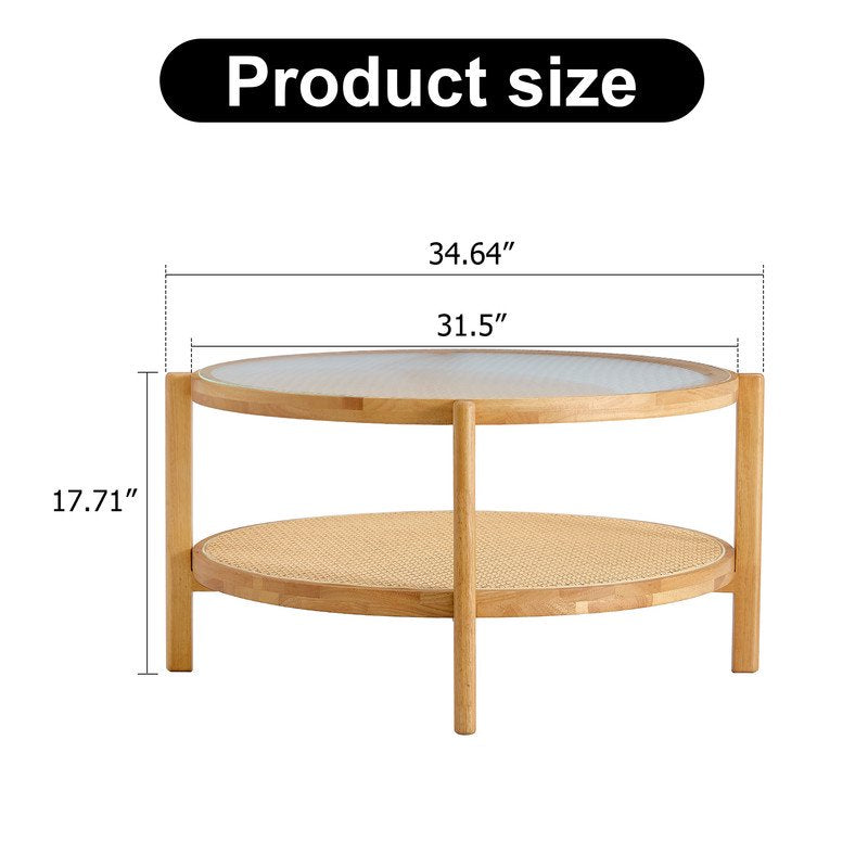 Sudica Modern Minimalist Circular Double-Layer Solid Wood Coffee Table, Craft Glass Tabletop,Pe Rattan with Solid Wood Frame,for Living Room, Dining Room and Bedroom YM