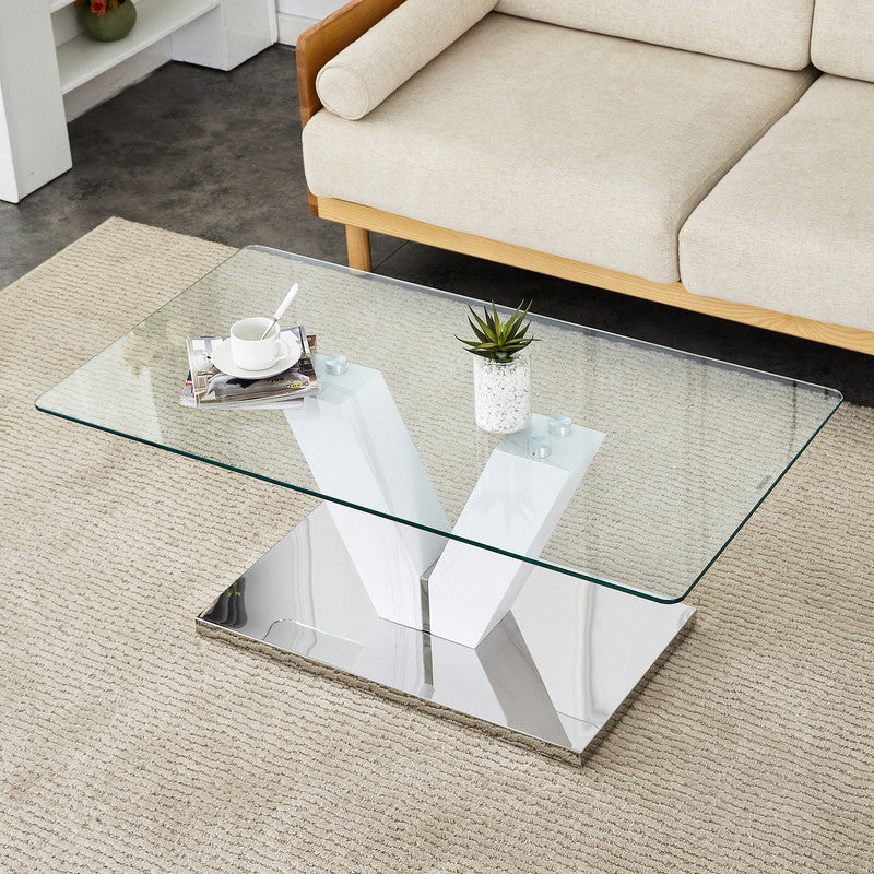 Sudica Modern Coffee Table with Tempered Glass Tabletop, 43 inch Tea Table with White V Shape Base for Living Room