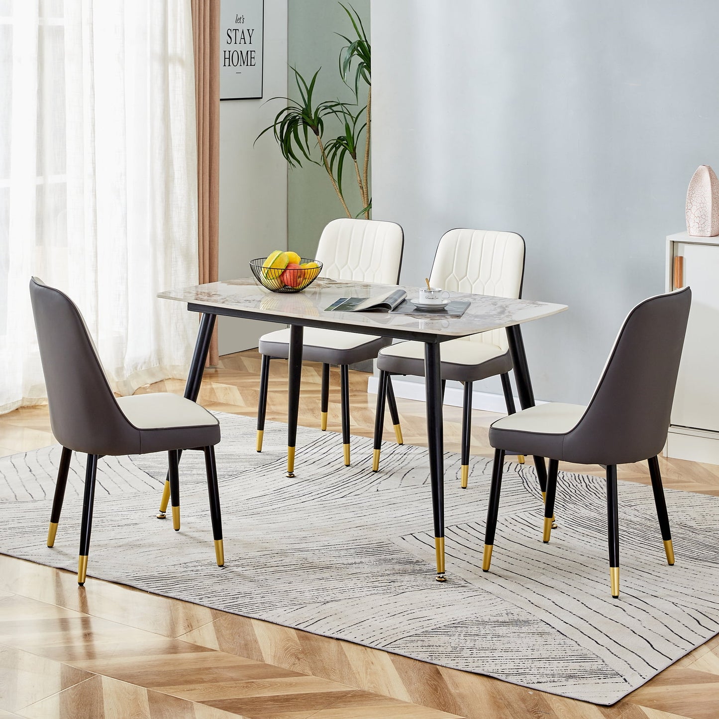 Sudica 5-Piece Dining Table Set,White Faux Marble Dining Tabletop with 4 Faux Leather Dining Room Chairs, Gray