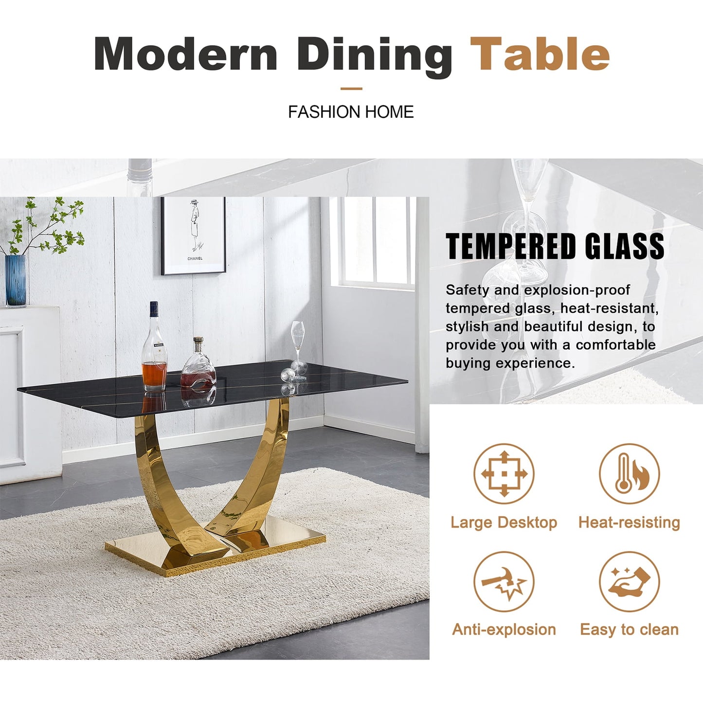 5-Piece Dining Table Set, Sudica Rectangular Faux Marble Kitchen Table with 4 Leather Gold Legs Dining Chairs, Black