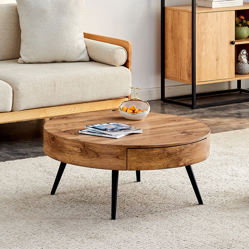 Sudica Coffee Table with added drawers, 31.5"Wooden Round Modern Coffe Table with Black Legs for Living Room,tea room.