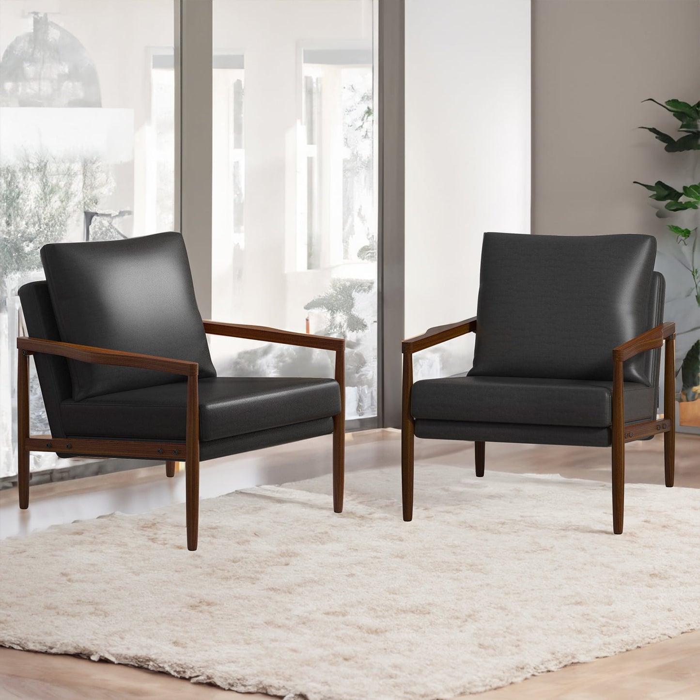 Sudica Wooden Accent Chair Set of 2, Mid-Century Modern Padded Armchair with Wood Legs Small Sofa for Living Room,Black