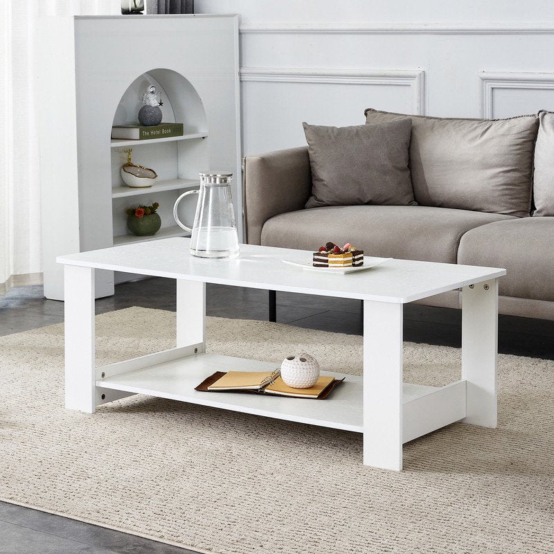 Sudica 43.3 inch Coffee Table with Storage Shelf Rectangular Rustic Wood Cocktail Table for Living Room,White