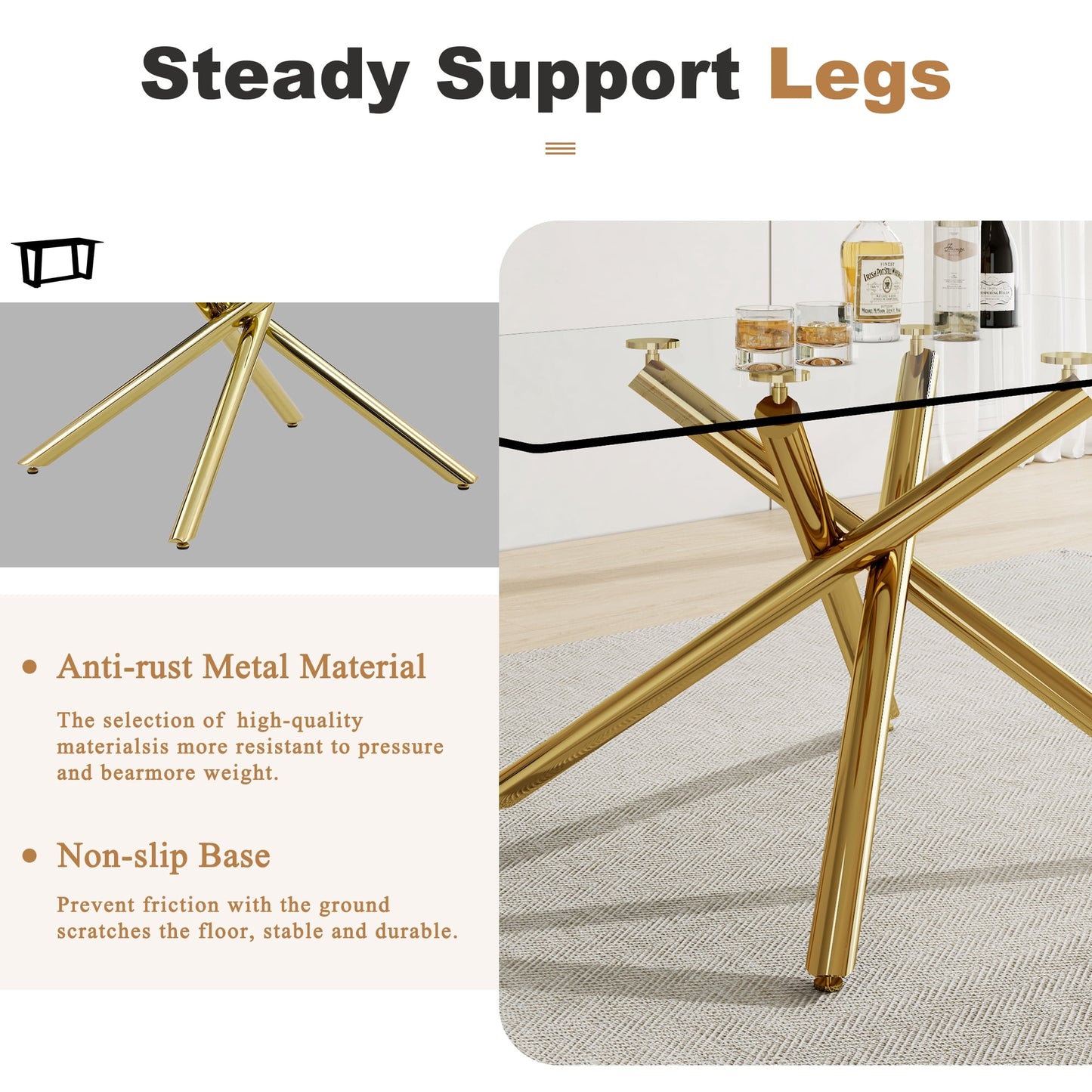 Sudica Modern Large Rectangular Glass Table for 6-8 with 0.39" Tempered-Glass Tabletop, Metal Legs for Kitchen Dining Room, Golden