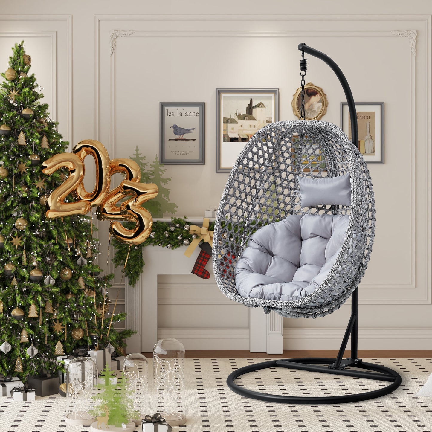 Sudica Hanging Egg Chair with Stand Patio Soft Cushion Rattan Wicker Egg Swing Chair for Bedroom, Garden 350lbs Capacity, Gray