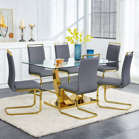 Glass Dining Table Set for 6, Sudica 63"Rectangular Dining Room Table and Leather Dining Chairs Set with Chrome Gold Legs, Gray